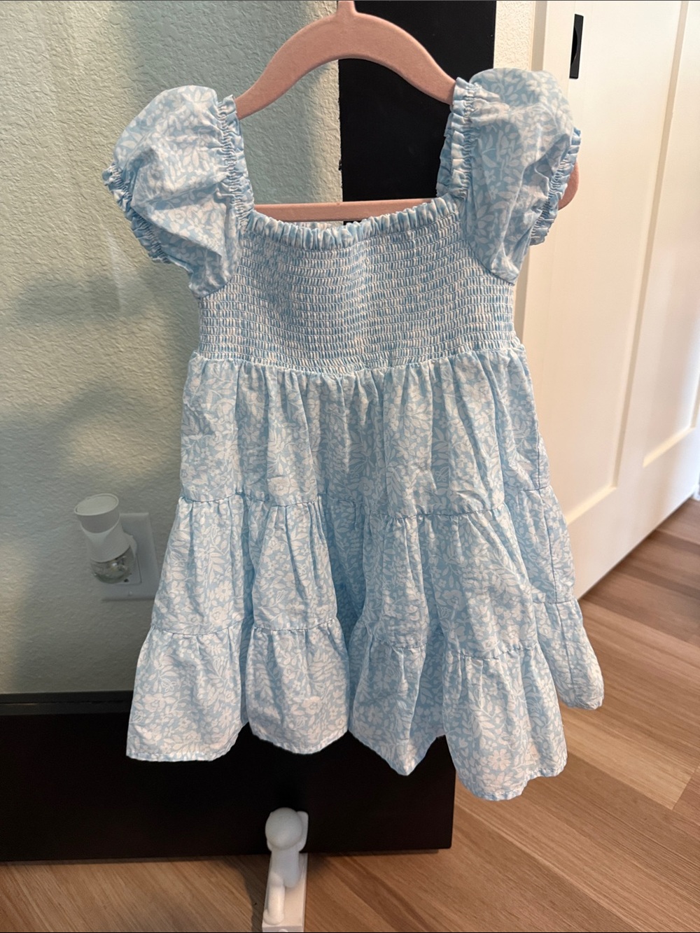 Light Blue Floral Smocked Tiered Girls' Dress